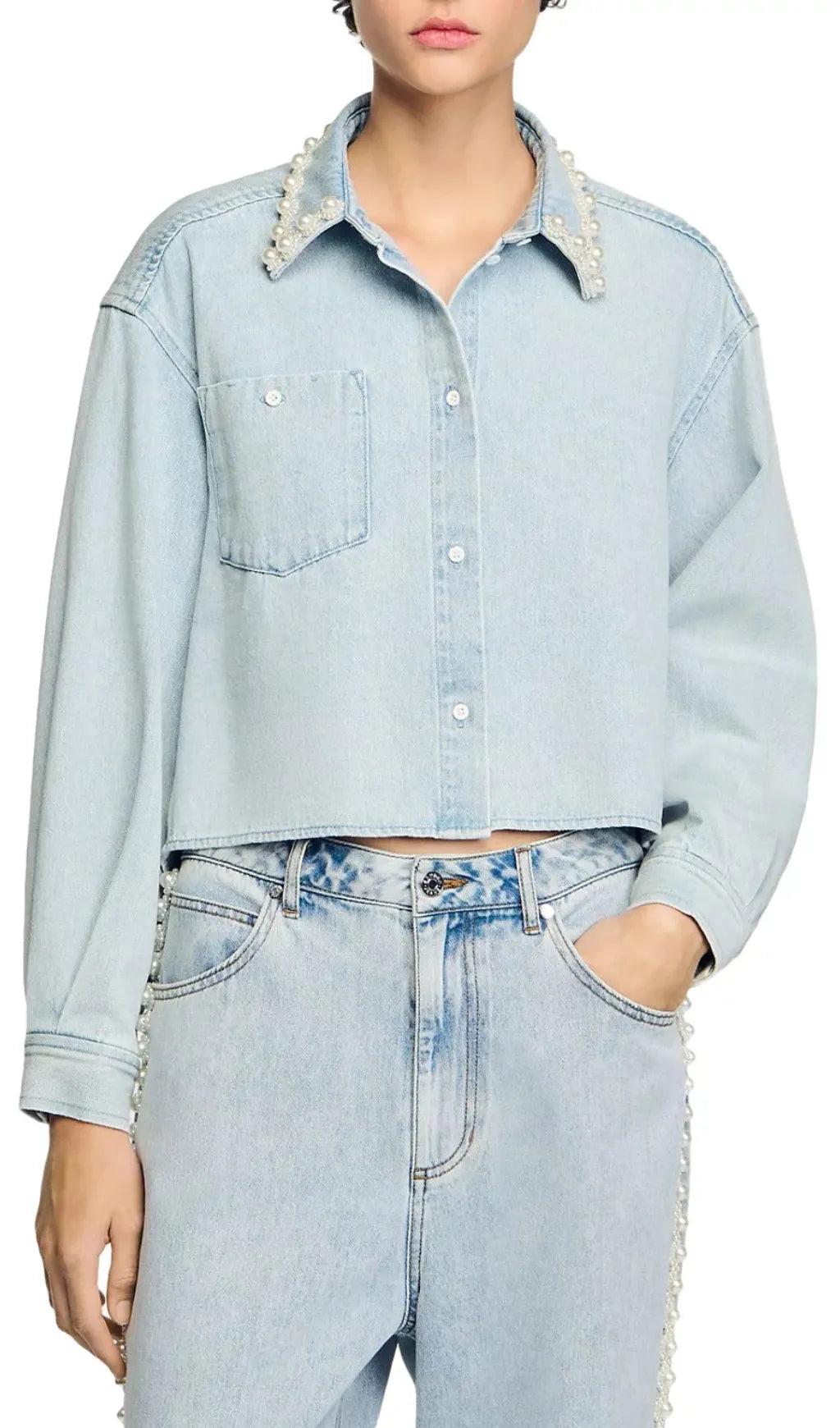 Beaded Collar Denim Shirt Flowering Girl