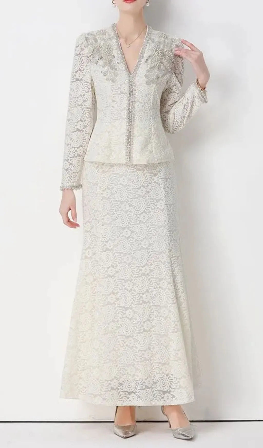 Georgia Beaded V-Neck Lace Top & Fishtail Skirt Set Flowering Girl