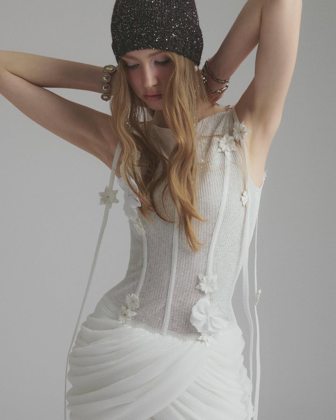 flower embellished puff hem slim mini dress in white Flowering Girl