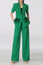 Green Flower Embellished Blazer With Wide-Leg Trousers Set Flowering Girl