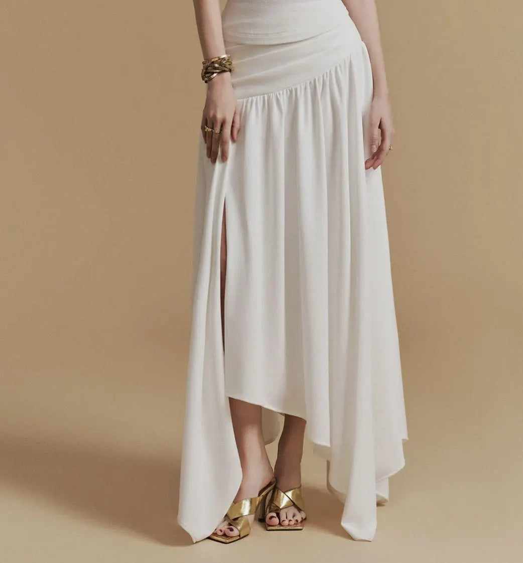 Cassia Asymmetrical Ruched Top Midi Skirt Set In White Flowering Girl