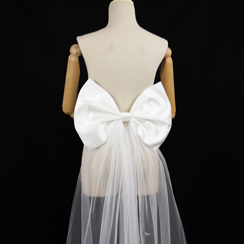 Oversized White Satin Giant Back Bow with Long Sheer Tulle Train Sash Flowering Girl