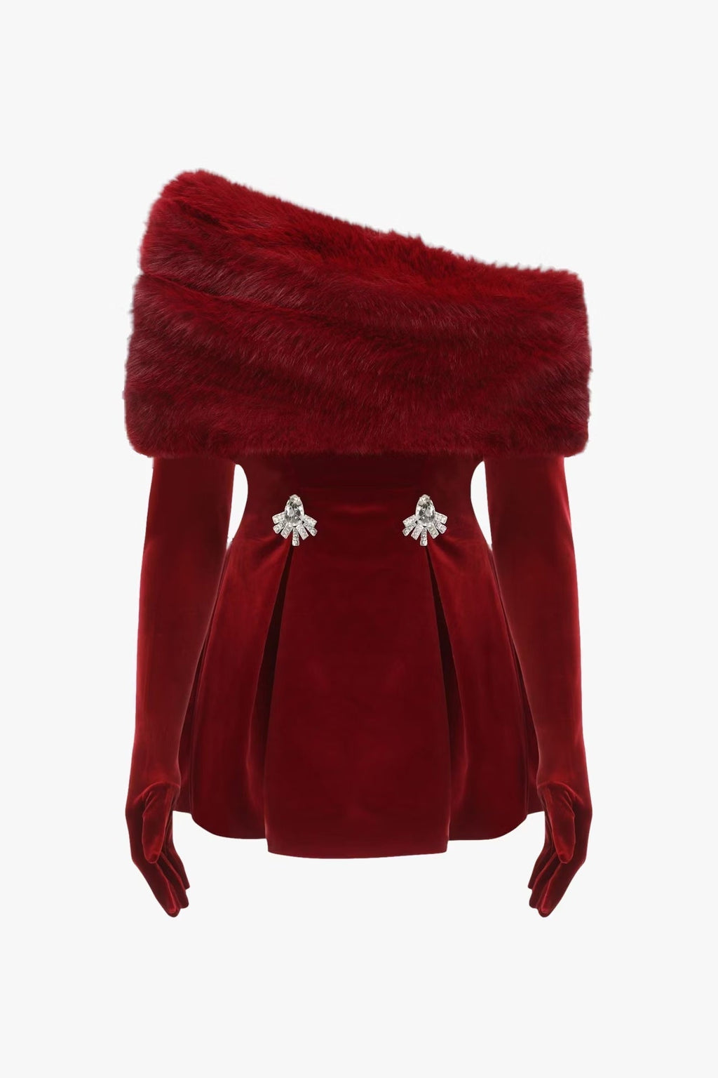 Daphne Long Sleeve Fur Velvet Mini Dress In Red Flowering Girl