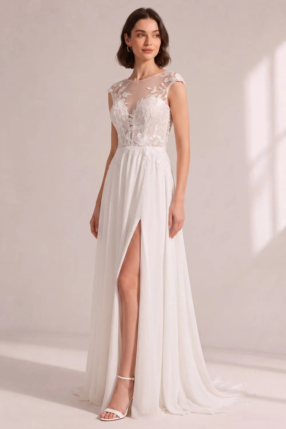 Illusion Cap Sleeve Floral Lace High Slit Chiffon Wedding Gown Flowering Girl