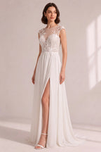 Illusion Cap Sleeve Floral Lace High Slit Chiffon Wedding Gown Flowering Girl