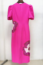 Sequin Flower Embellished Puff Sleeve Midi Dress In Pink Flowering Girl