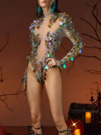 Githa Sequin Rhinestone Mesh Bodysuit Flowering Girl