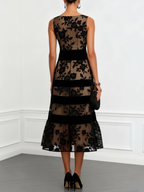 Black Mesh Floral Sleeveless A-Line Midi Dress Flowering Girl