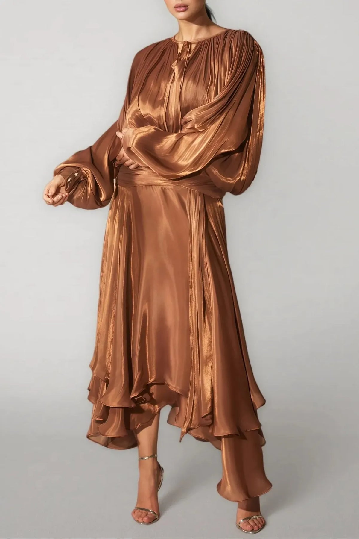 Brown Pleated Bodice Draped Puff Sleeve Maxi Dress Flowering Girl