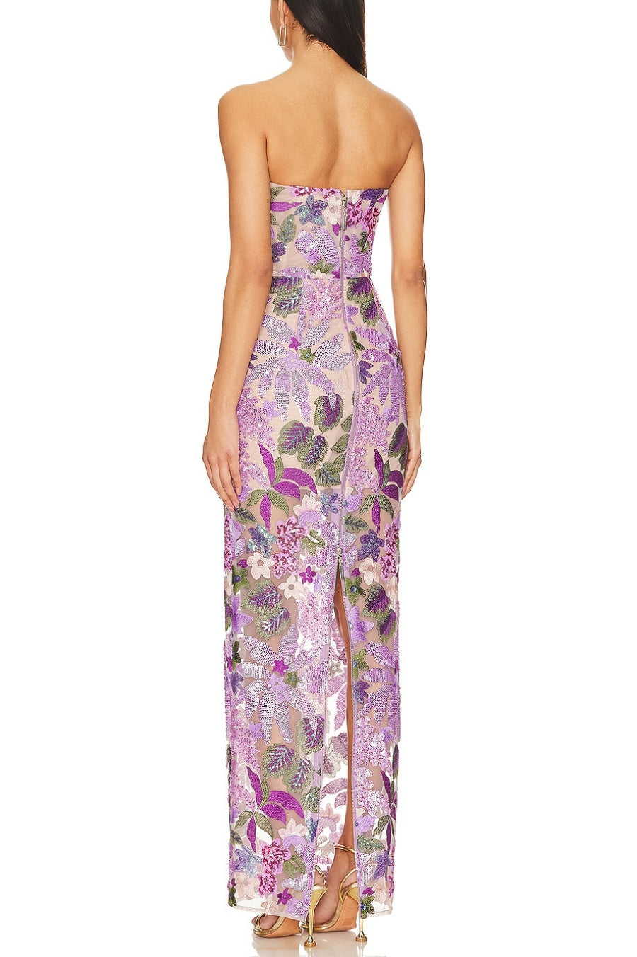 Elara Floral Sequin Embroidered Strapless Maxi Dress - Purple Flowering Girl