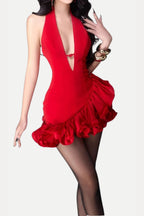 v-Neckline Ruffle Trim Mini Dress In Red Flowering Girl