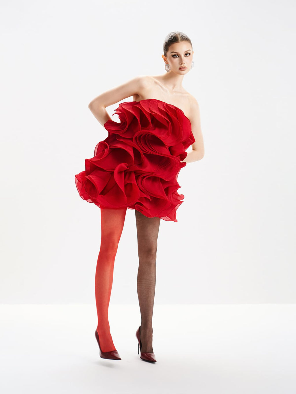 Verna Multi-Layered 3d Pleated Mini Dress In Red Flowering Girl