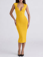 Marixa Yellow V-Neck Bandage Midi Dress Flowering Girl