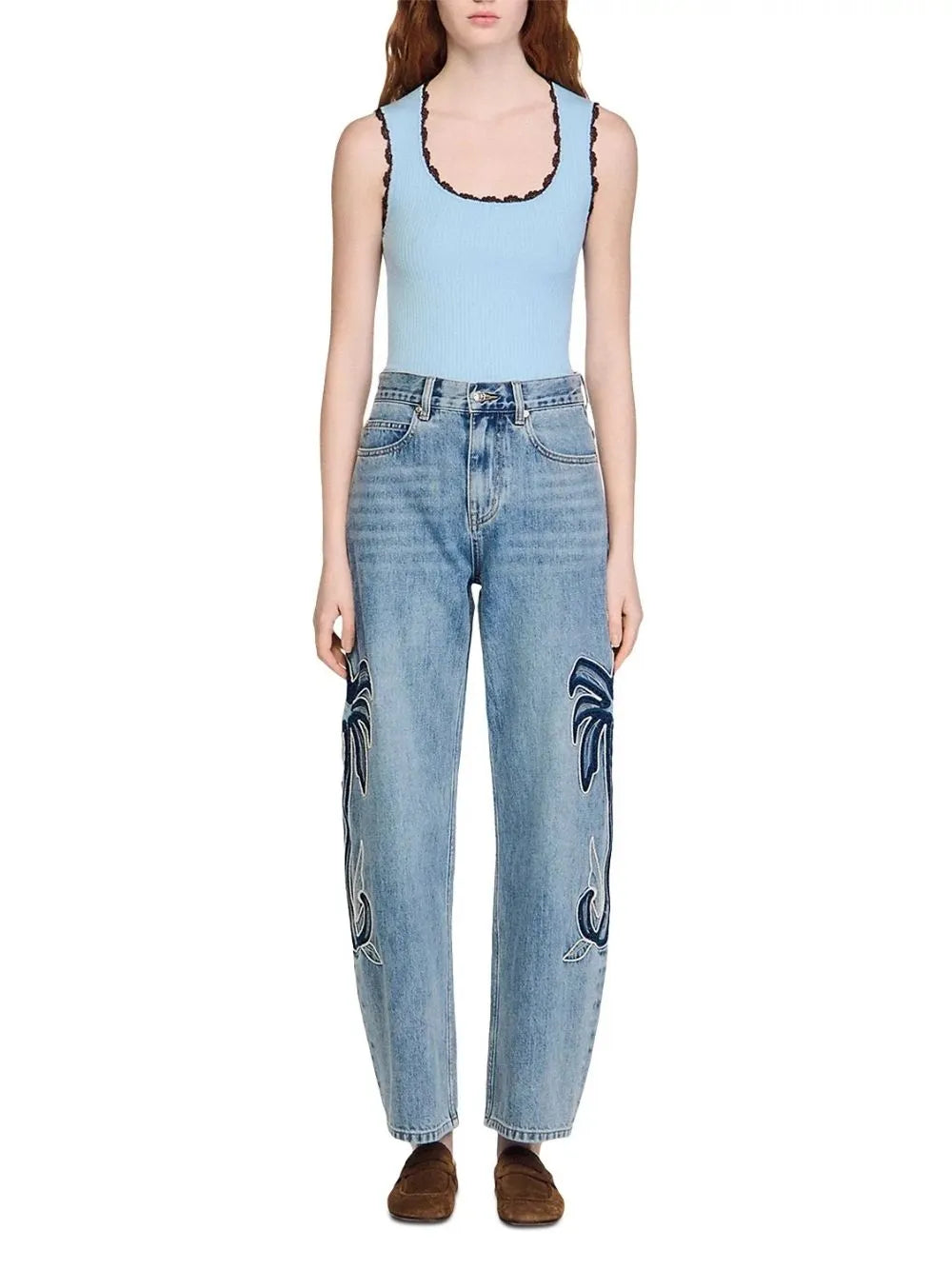 Palm Embroidered Wide Leg Barrel Jeans in Blue Jean Flowering Girl