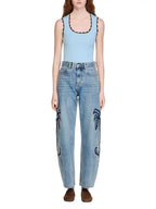 Palm Embroidered Wide Leg Barrel Jeans in Blue Jean Flowering Girl
