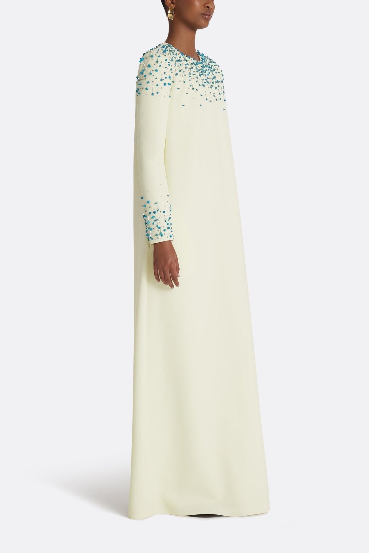 Rhinestone Embellished Round Neck Maxi Dress In Beige Flowering Girl
