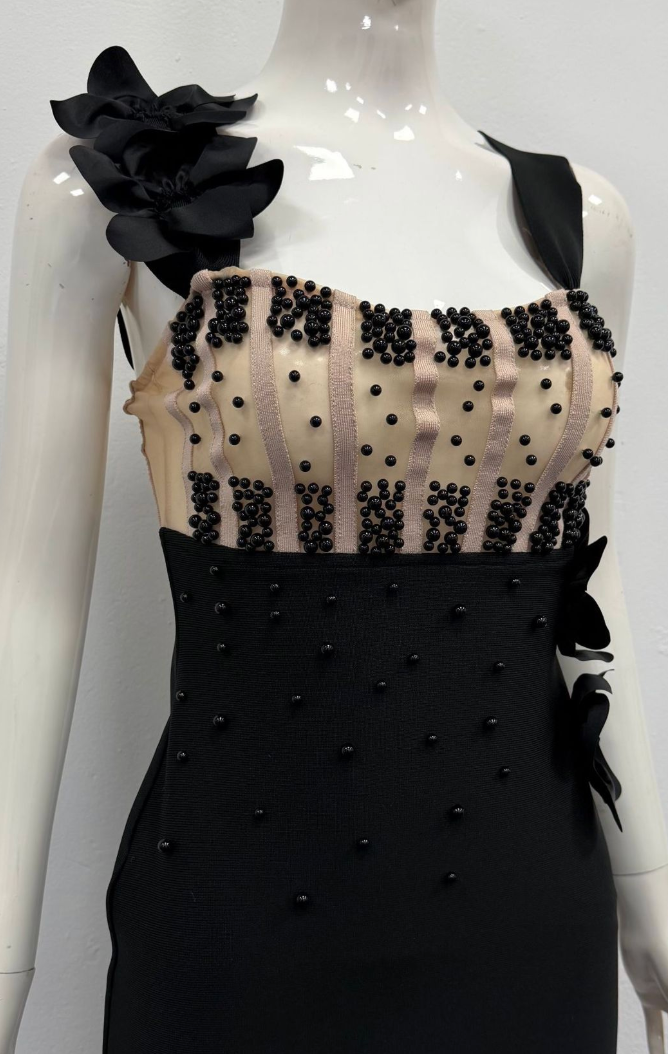 Black Structured Crepe Column Evening Gown with Beaded Bodice Flowering Girl