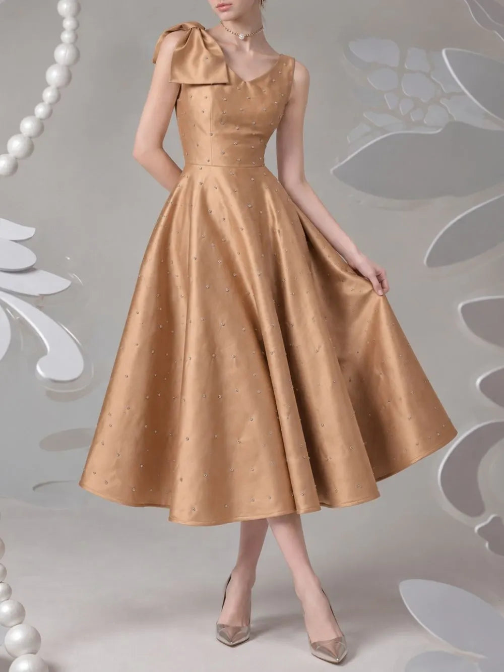 Miyuki Bow V-Neck Midi Dress Flowering Girl