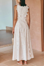 Lace Trim Embroidery Hollow Midi Dress In White Flowering Girl