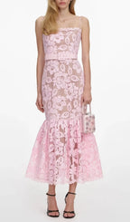 Simona Pink Crochet Lace Hollow Midi Dress Flowering Girl