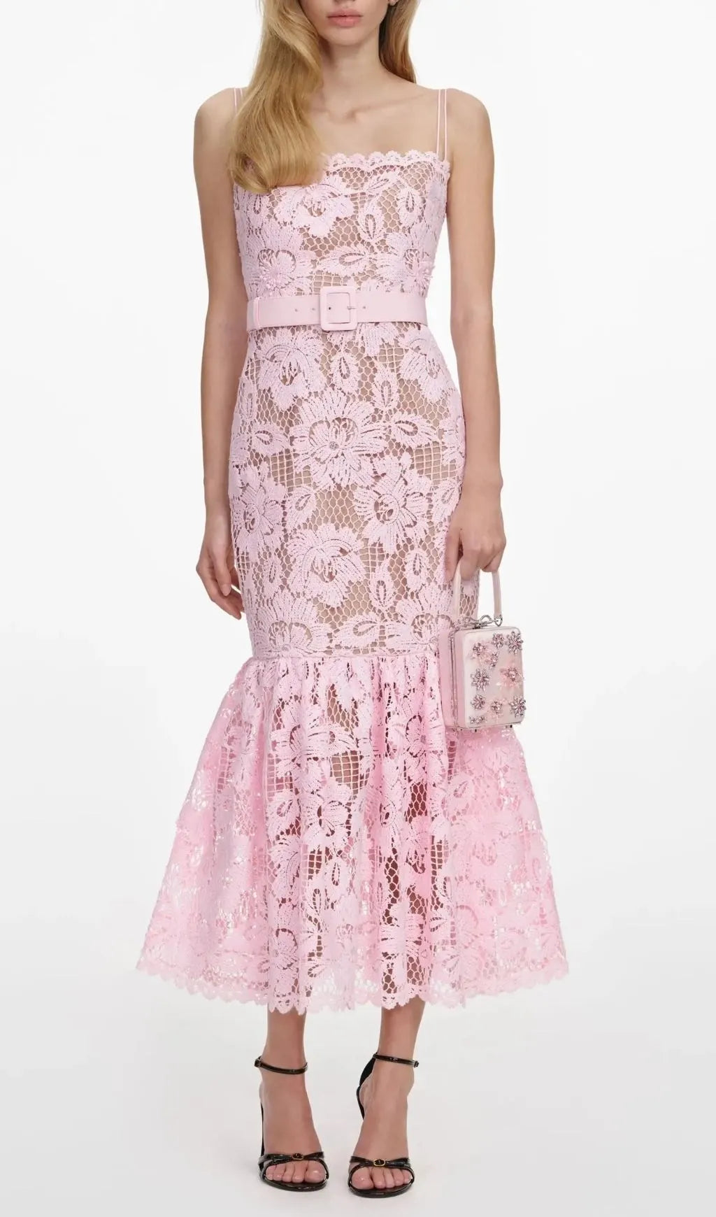 Simona Pink Crochet Lace Hollow Midi Dress Flowering Girl