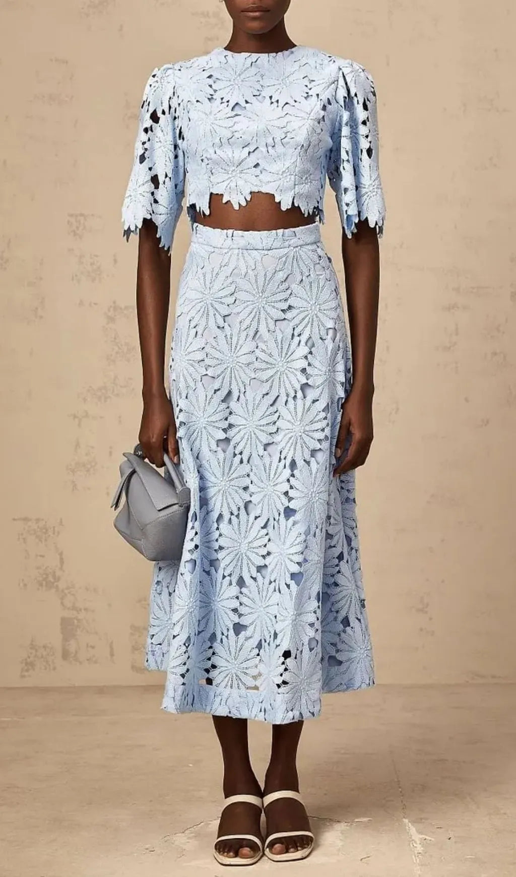 Penny Openwork Floral Lace Blouse Maxi Skirt Set - Blue Flowering Girl