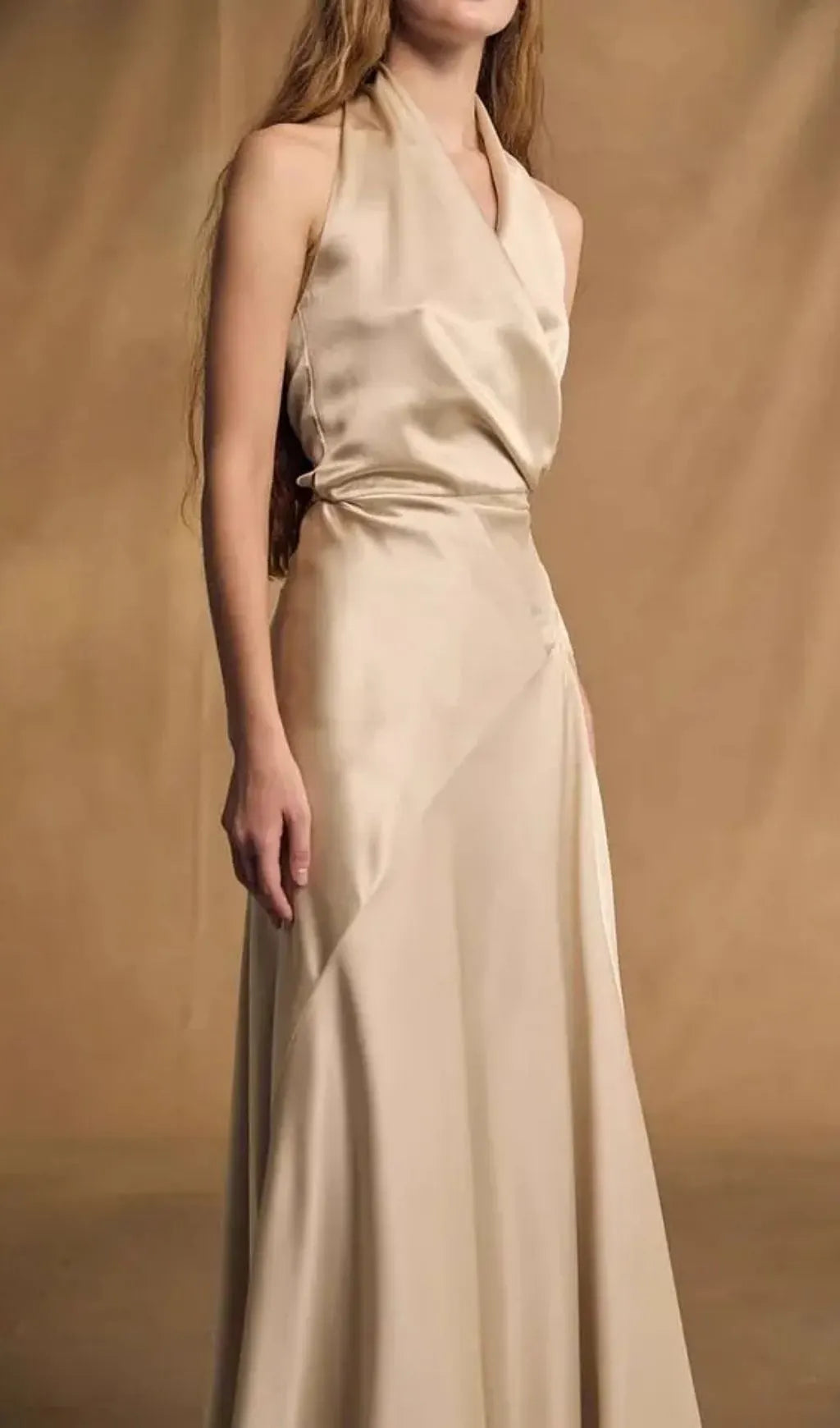 Kay Champagne Crepe Bias-Cut Satin Halter Maxi Dress Flowering Girl