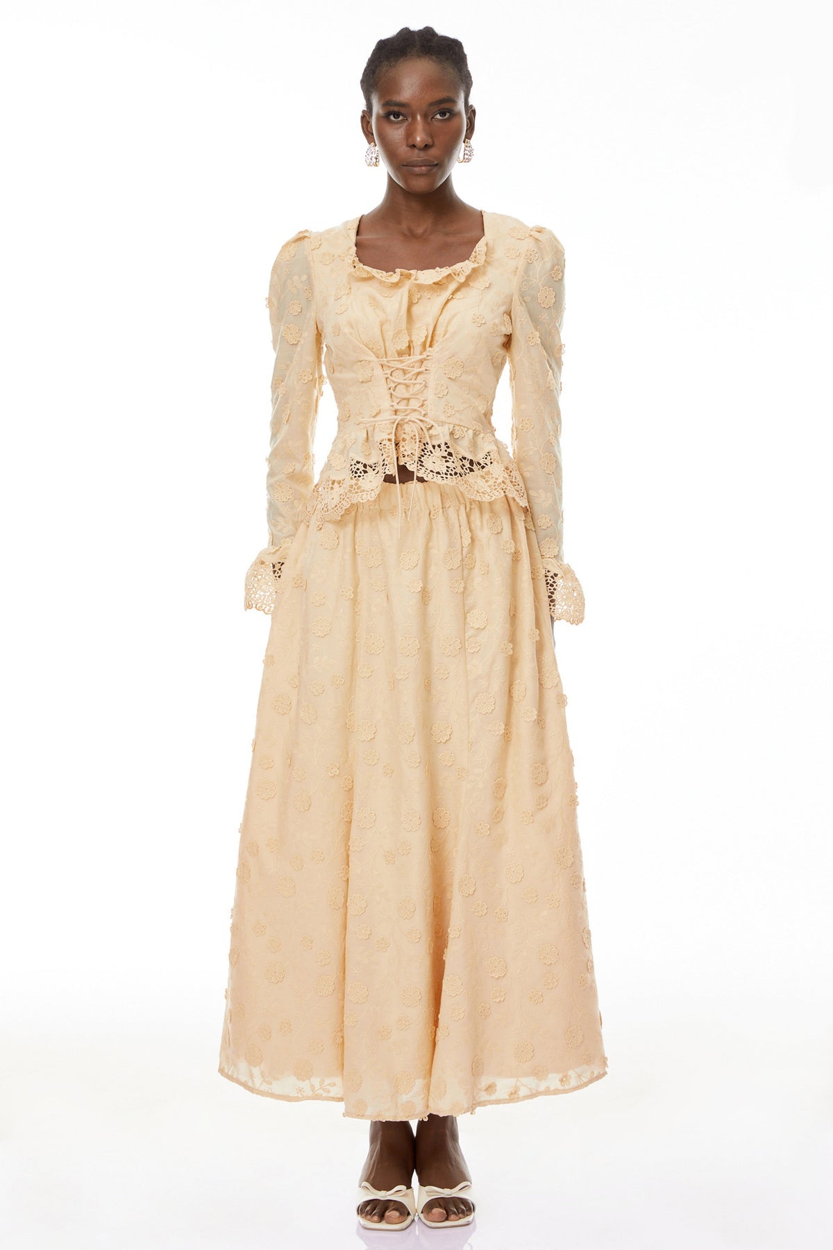 Rebecca Floral Lace Blouse & Skirt Set In Apricot Flowering Girl