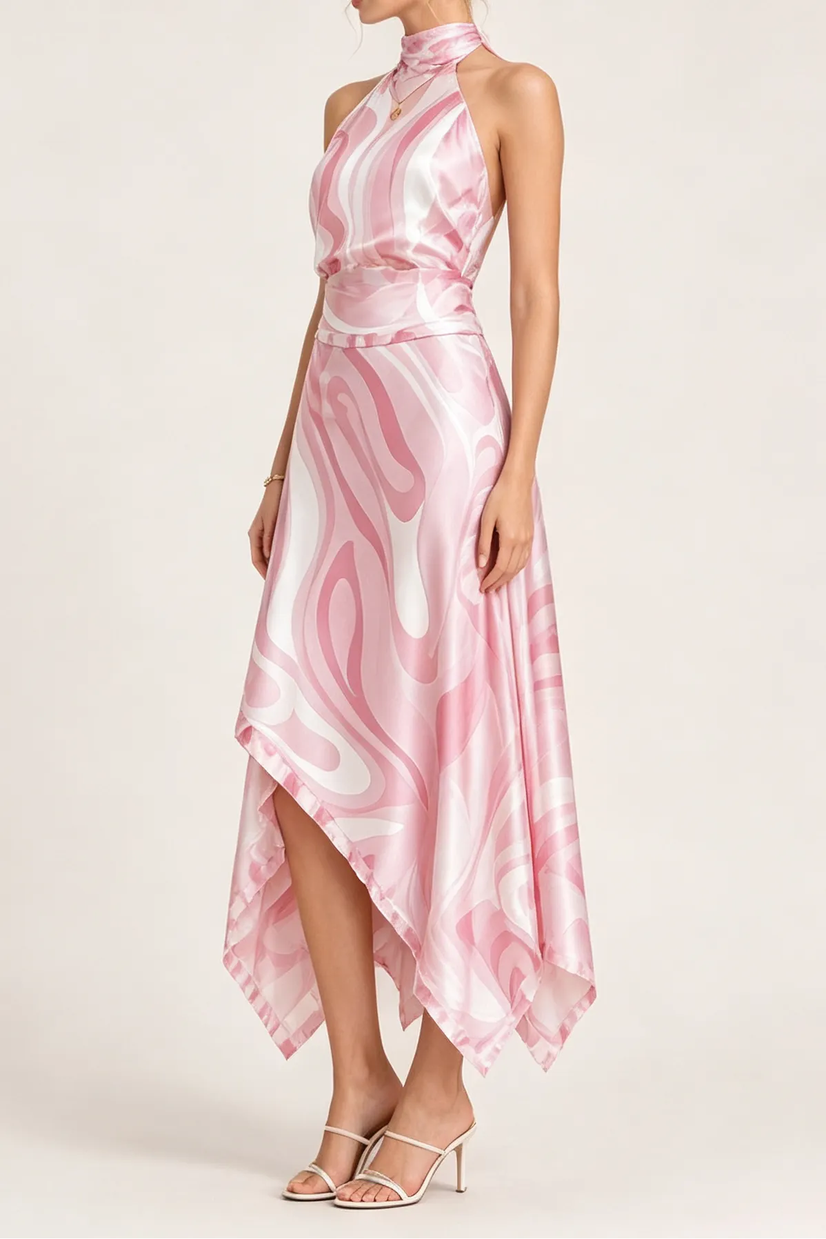 Halter Marble Print Satin Top & Asymmetric Midi Skirt Co-ord Set Flowering Girl