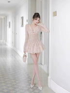 Eileen Long-Sleeve v-Neck Lace A-Line Mini Dress In Pink Flowering Girl