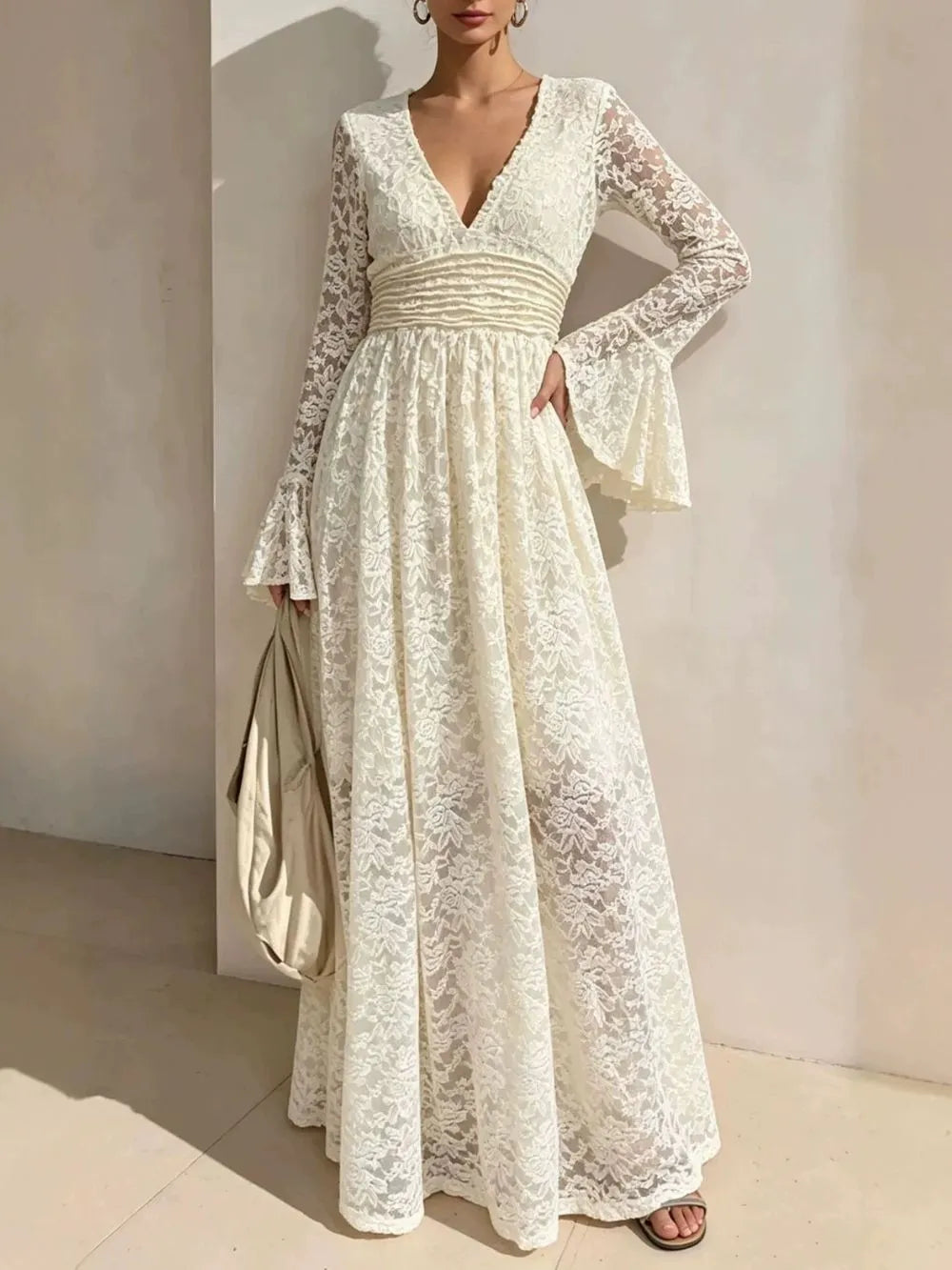 V-Neck High Waist Lace Flared Long Sleeve Dress Flowering Girl