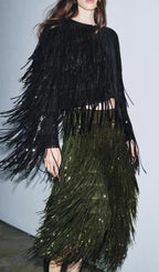 Kalama Green Beaded Tassel Midi Skirt Flowering Girl
