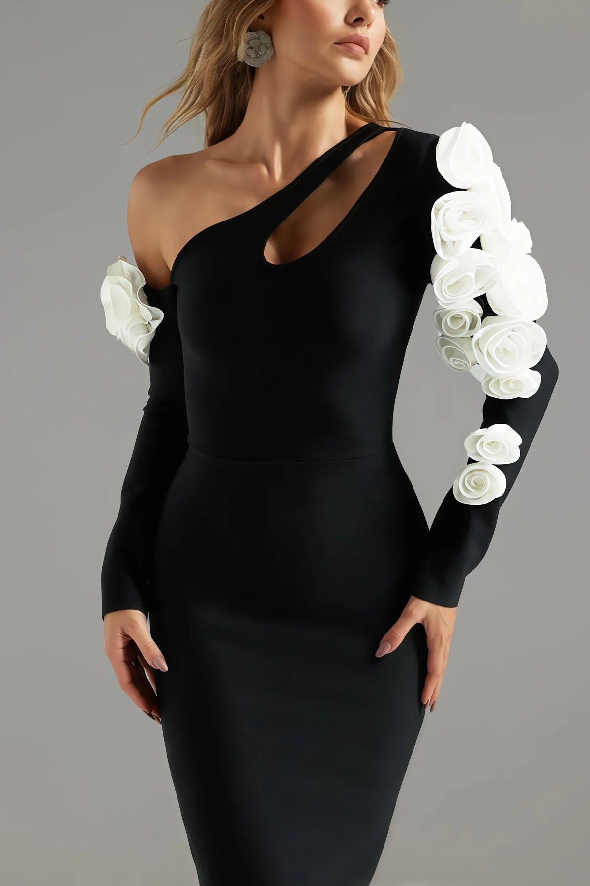 One Shoulder Flower Embellished Cutout Bandage Maxi Dress In Black Flowering Girl