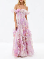 Helen Floral Frill Off-Shoulder Maxi Dress In Pink Flowering Girl
