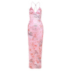 Printed Strappy Butterfly Backless Plunge Sheath Slip Maxi Dress Flowering Girl