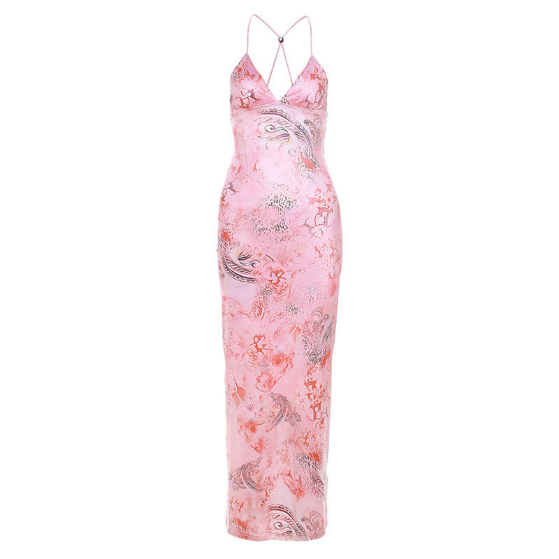 Printed Strappy Butterfly Backless Plunge Sheath Slip Maxi Dress Flowering Girl