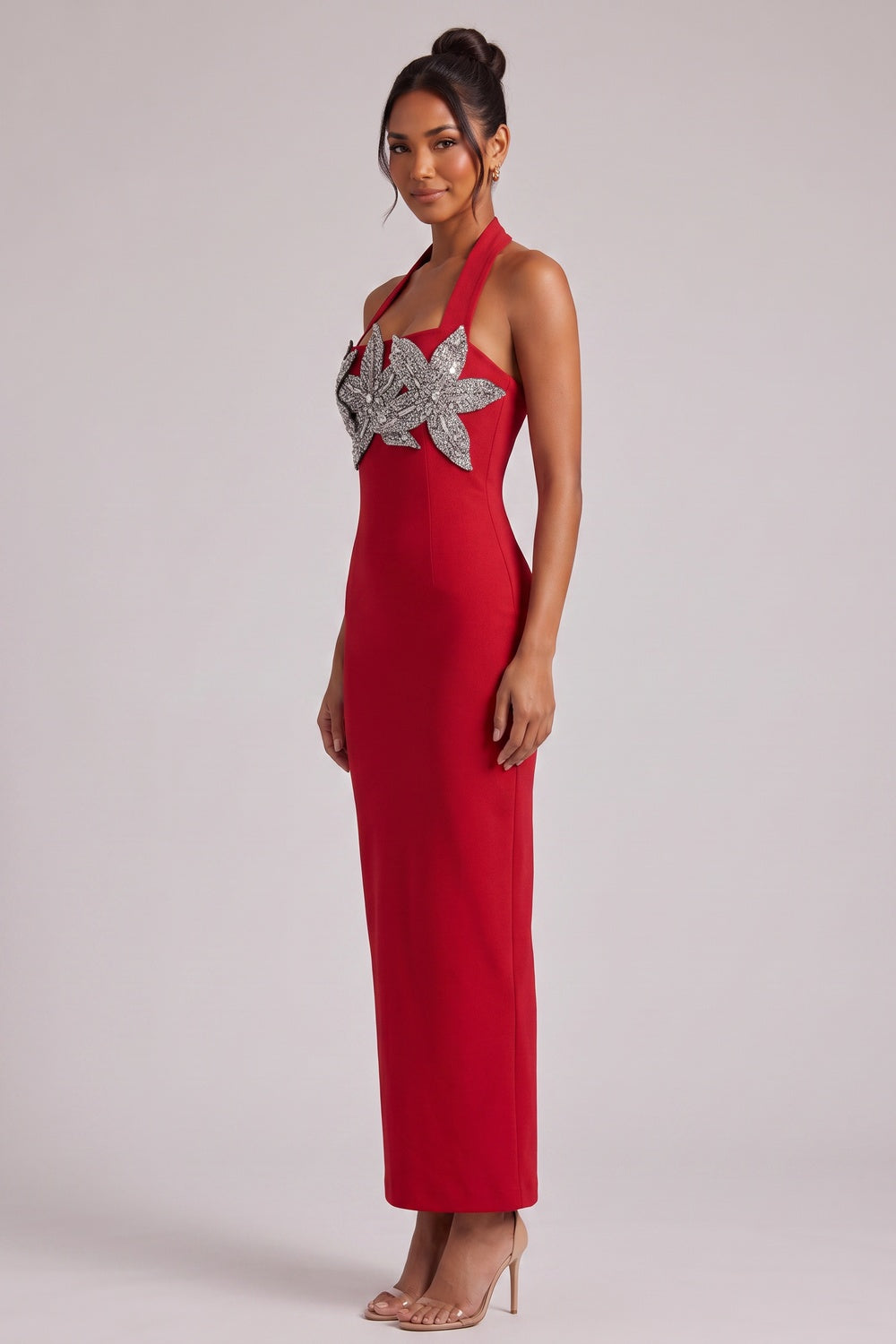 Red Halter Maxi Dress with Silver Floral Embellishment Flowering Girl