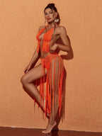 Berlin Knit Fringe Bikini Two Piece Set In Orange Flowering Girl