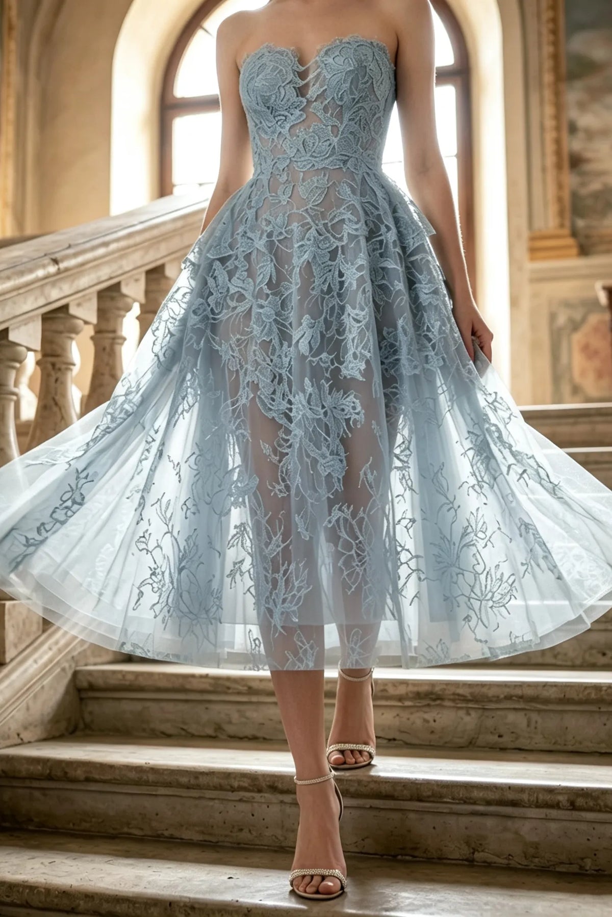 BLUE BEADED LACE MIDI DRESS Flowering Girl
