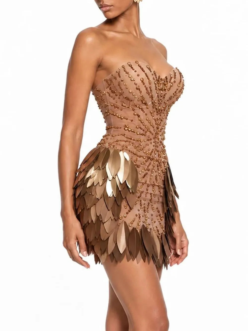 Dolvess Strapless Rhinestone Leaf Mini Dress Flowering Girl