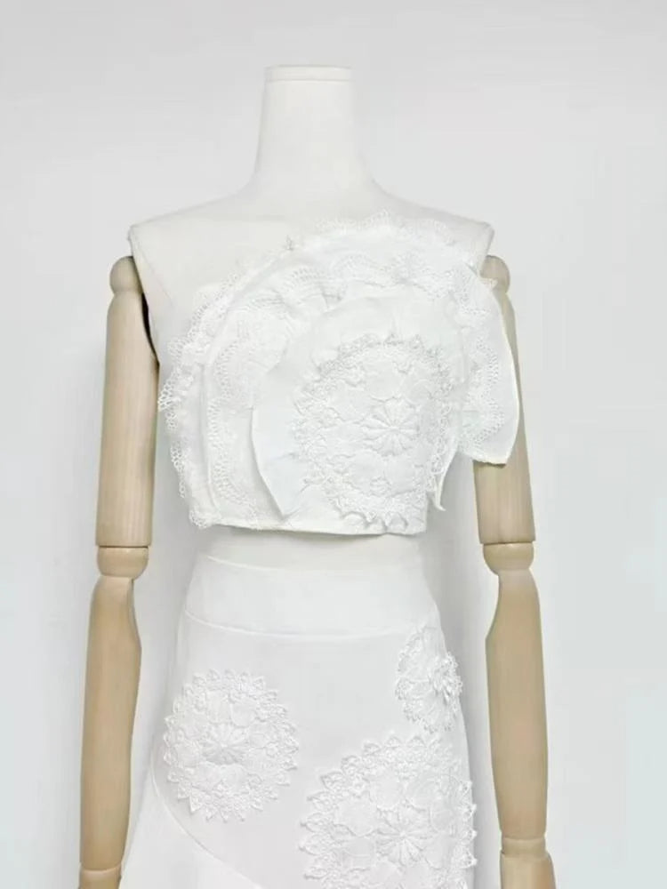 Nina Ruffled Strapless Top Floral Embroidered Mermaid Skirt Set - White Flowering Girl
