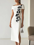Chic Floral Print Boat Neck Midi Dress Flowering Girl