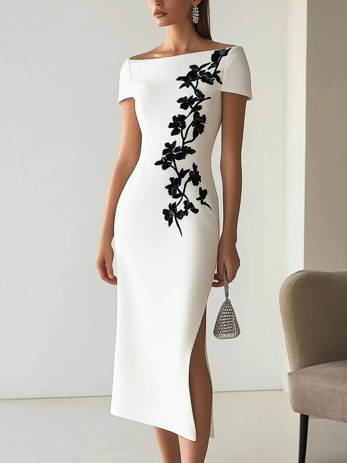 Chic Floral Print Boat Neck Midi Dress Flowering Girl