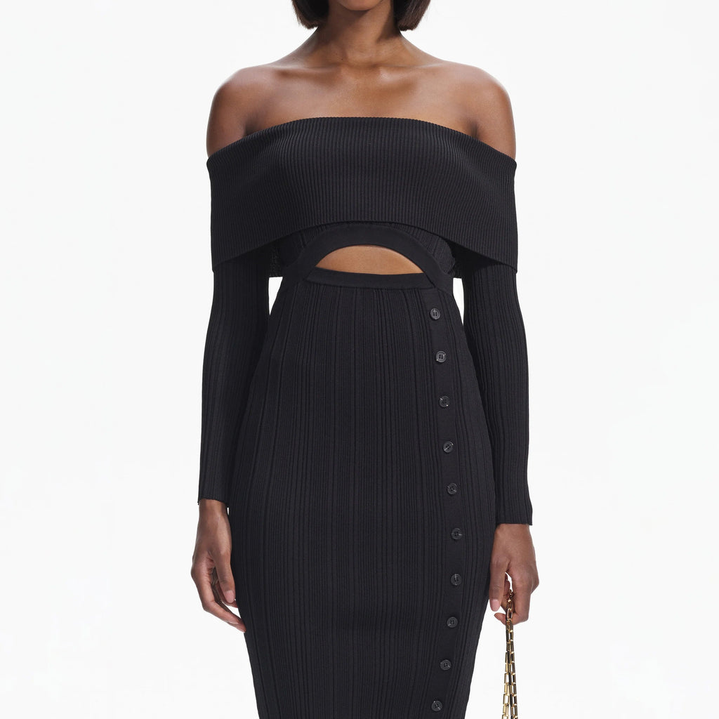 BLACK OFF SHOULDER KNIT MIDI DRESS Flowering Girl
