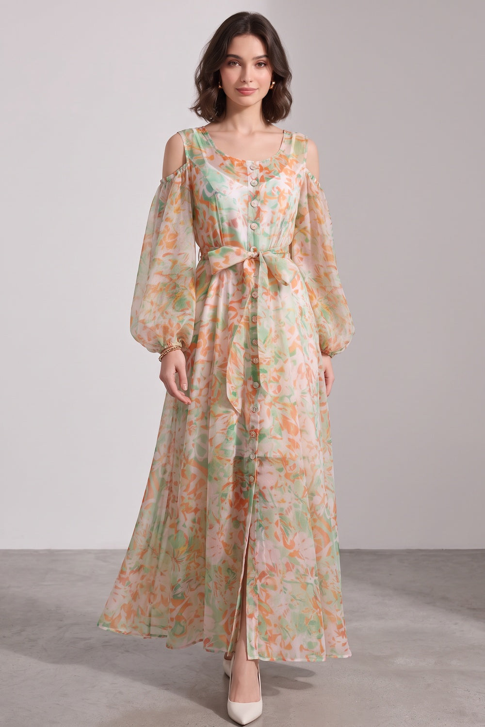 White Sheer Chiffon A-Line Flowy Maxi Dress with Cold-Shoulder Balloon Sleeves Flowering Girl