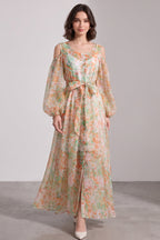 White Sheer Chiffon A-Line Flowy Maxi Dress with Cold-Shoulder Balloon Sleeves Flowering Girl