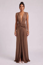 Brown Jersey Column Gown with Twist Detail Flowering Girl