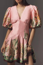 V-Neck Puff Sleeve Cotton Linen Printed Mini Dress - Pink Flowering Girl