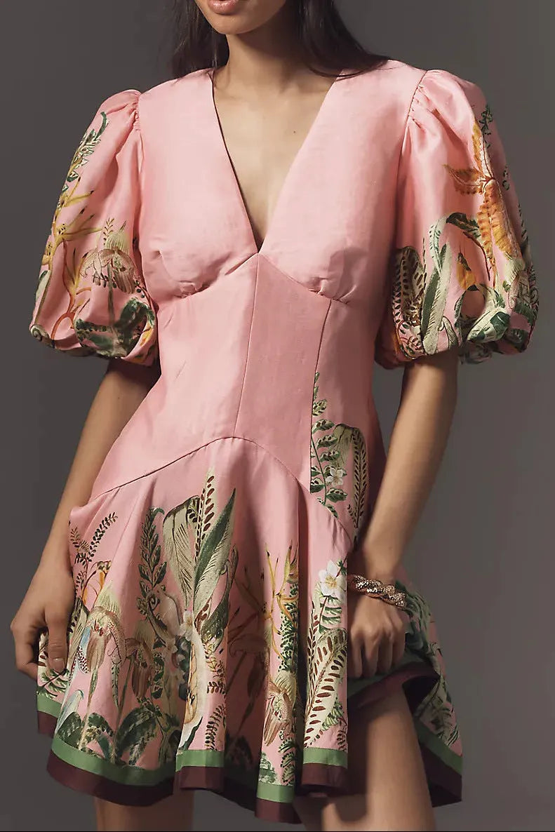 V-Neck Puff Sleeve Cotton Linen Printed Mini Dress - Pink Flowering Girl