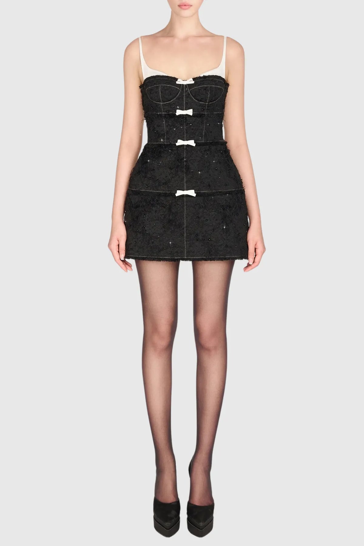 Santos Bow Jacquard Beaded Mini Dress - Black Flowering Girl